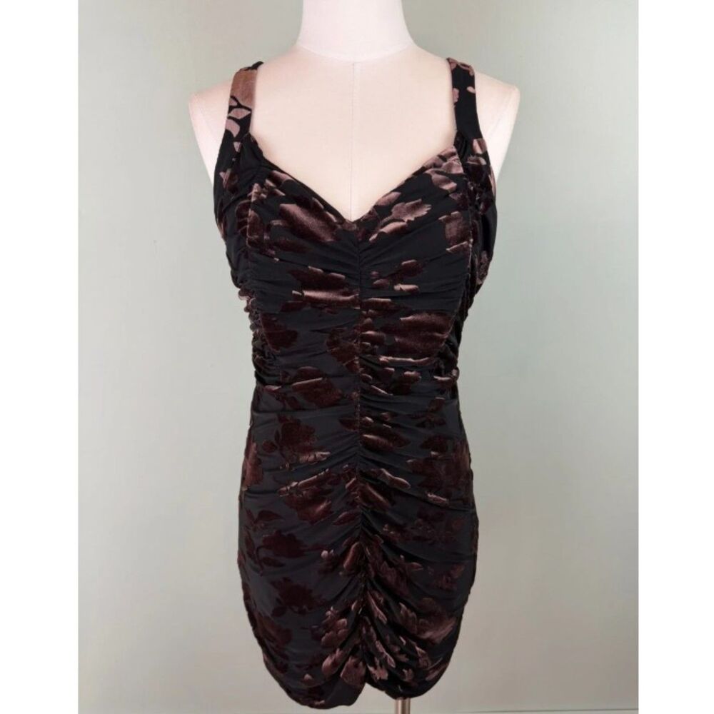 ASTR Black Bodycon Mini Dress w/Brown Velvet Floral Design Size Medium